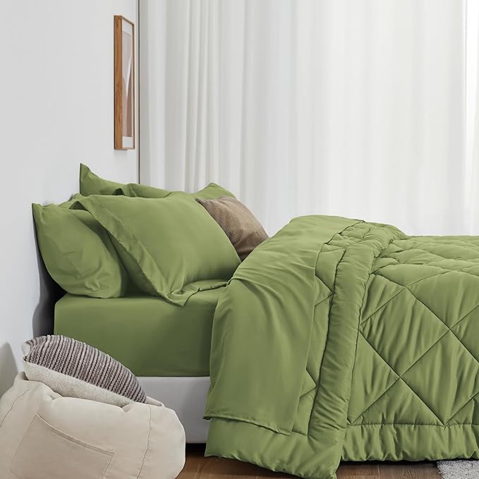Love's cabin Full Comforter Set Olive Green, 7 Pieces Full Bed in a Bag, All Season Bedding Sets with 1 Comforter, 1 Flat Sheet, 1 Fitted Sheet, 2 Pillowcase and 2 Pillow Sham