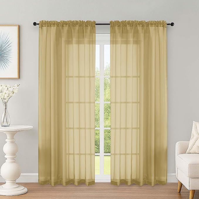 Gold Sheer Curtains 72 Inches Long 2 Panels Set, Transparent Voile Sheer Curtain by OWENIE