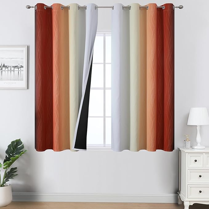 Burnt Orange and Greyish White Ombre Blackout Curtains 52Wx45L Inch Long | by ESTELARTEXTILER