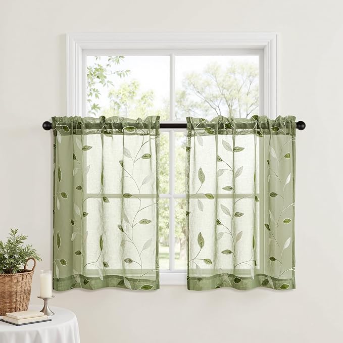 MIULEE Sage Green Sheer 30x36 Inches 2 Panels Embroidered Leaf Patterned | - Image 2