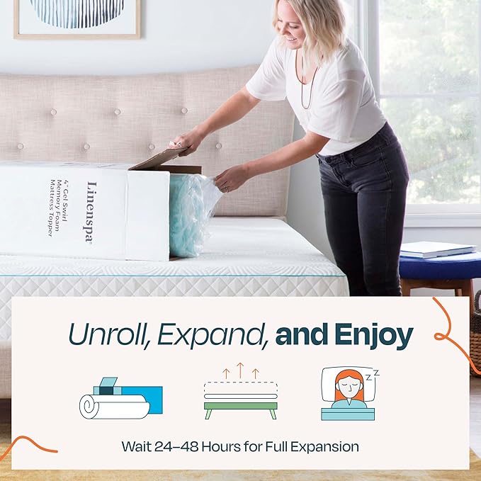 Linenspa 4 Inch Gel Swirl Memory Foam Mattress Topper – Cooling Gel Infused – Pressure Relieving Bed Topper - Mattress Pad – CertiPUR Certified - Queen Size