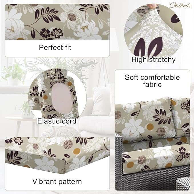 CALBODE 8 Pcs Waterproof Patio Cushion Covers, Floral Printed Stretch Outdoor - Image 3