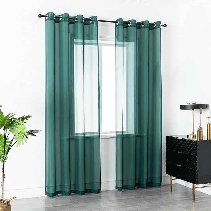 DUALIFE Hunter Green Sheer Curtains 96 Inch Length,Look Semi Sheer Curtain Drapes for Living Room Bedroom Loft Kitchen Bathroom Privacy Voile Window Treatment Panels,52 x 96 Inches,Set of 2