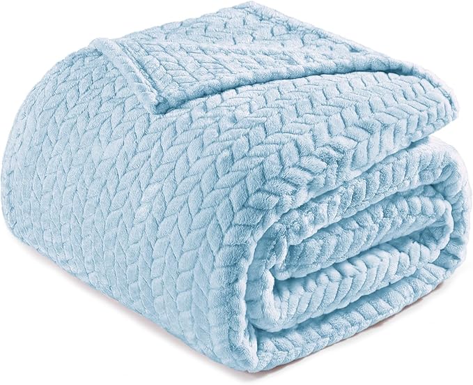 Exclusivo Mezcla Fleece Twin Size Blanket for Bed, 90x66 Inches Soft Cozy Jacquard Flannel Blankets, Lightweight Fuzzy Plush Warm for Winter, Light Blue