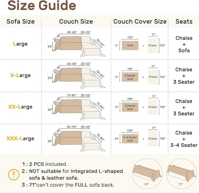 2 Pieces Sectional Couch Covers L Shaped Cover XXXL Coffee | Thick Washable - Image 2