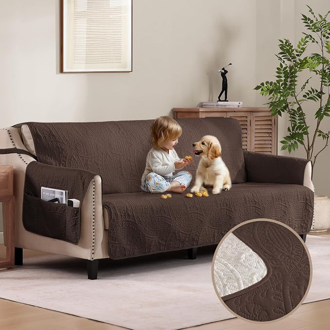Quilted Sofa Slipcovers with Pockets, Medallion Designed Anti-Slip Couch Covers by Pamhaven