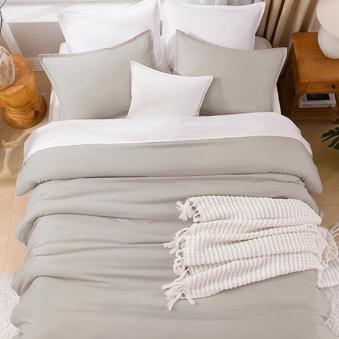 Litanika Linen Grey Comforter Set Full Size, 3 Pieces Lightweight Solid Bedding Comforter Set, All Season Fluffy Bed Set (79x90In Comforter & 2 Pillowcases)
