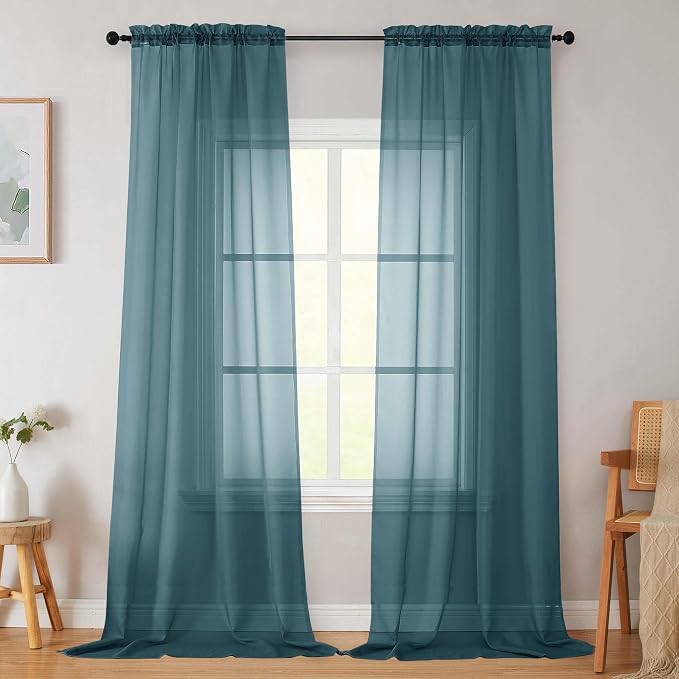 Dusty Blue Sheer Curtains for Bedroom Living Room 96 Inches Long 2 Panels by WelvetBLK