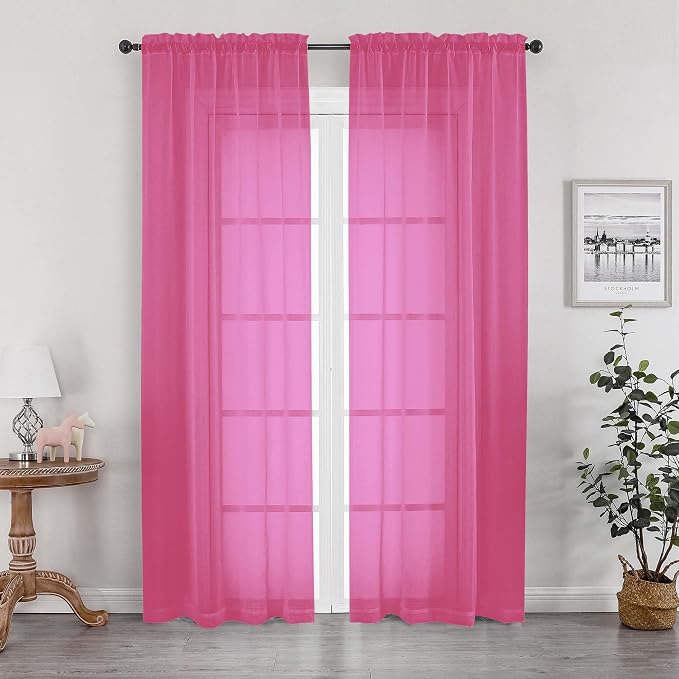 Hot Pink Sheer Curtains for Bedroom Living Room 72 Inches Long 2 Panels Set by OWENIE