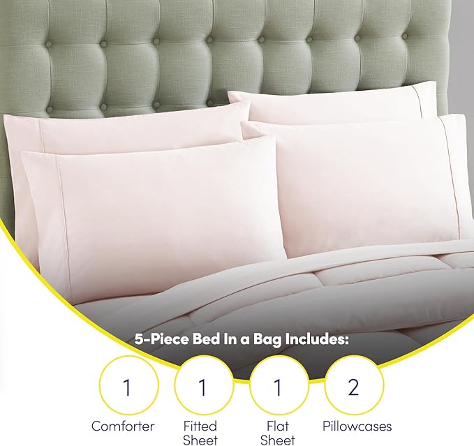 Sweet Home Collection 5 Piece Comforter Set Bag Solid Color All Season Soft Down Alternative Blanket & Luxurious Microfiber Bed Sheets, Pale Pink, Twin (Pack of 4)