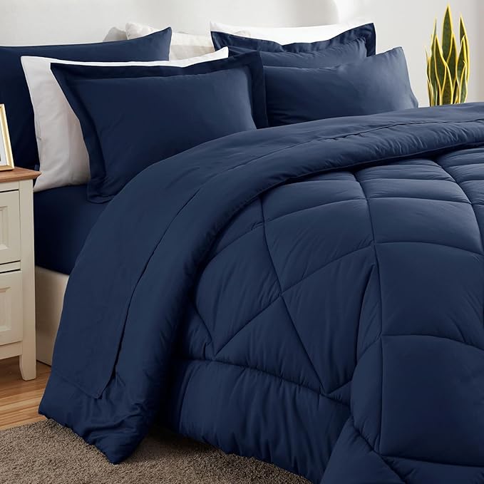 CozyLux Oversized King Comforter Set Navy Blue, 7 Pieces Bed in a Bag Comforter Set with Sheets Luxury Bed Set for All Seasons, Bedding Set with Down Alternative Comforter, Sheets, Pillowcases & Shams