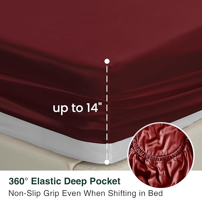 Love's cabin Full Size Satin Sheet Sets - 4 Piece Burgundy Silky Satin Sheet Set Full with Deep Pocket, Luxury Silk Feel Satin Bed Sheets Full Bedding Set (1 Flat Sheet,1 Fitted Sheet,2 Pillow Cases)