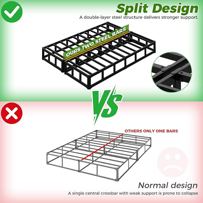 EMODA 10 Inch Split Full Size Box Spring Bed Base, 2 Piece Heavy Duty Metal Full Box Spring with Fabric Cover, Easy Assembly, Black