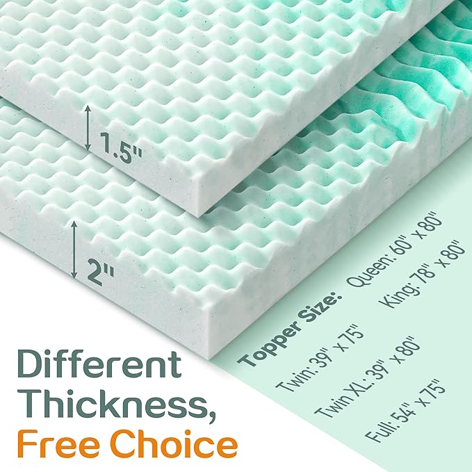 SINWEEK Mattress Topper Memory Foam Mattress Topper 1.5 Inch Queen Soft Mattress Pad for Pressure Relief, 5-Zone Design, CertiPUR-US Certified, Green