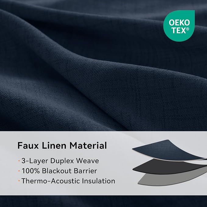 100% Blackout Linen Textured Curtains 96 Inch Long, Midnight Blue | 100% - Image 5
