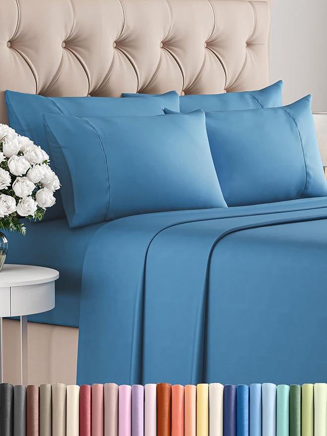 Queen 6 Piece Sheet Set - Comfy Breathable & Cooling - Ultra-Soft Hotel Luxury Bedding Set w/ 8-16 Inch Deep Pockets - 1 Flat & 1 Fitted Sheet & 4 Pillowcases - Wrinkle Free & Easy Care - Denim Blue