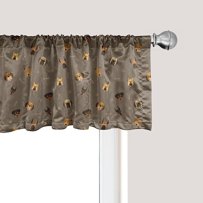 Ambesonne Dog Lover Window Valance, Repetitive Pattern of Pet Heads Paw Prints and Bones, Curtain Valance for Kitchen Bedroom Decor with Rod Pocket, 54" X 12", Taupe