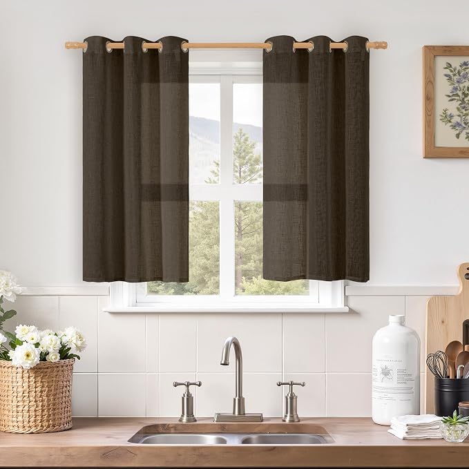 40 Inch Linen Curtains for Kitchen Windows, Semi Sheer Light Filtering Panels by LAMIT