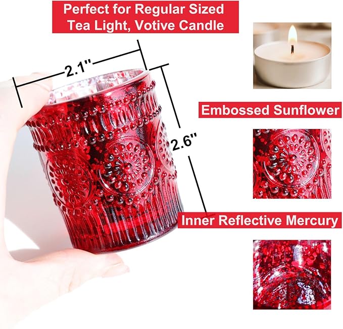 VOHO Red Mercury Glass Candle Holder Set of 12, Boho Sunflower Red Votive Candle Holders for Table Centerpiece, Festive Tealight Candle Holder for Christmas, Thanksgiving, Valentines Day Decorations