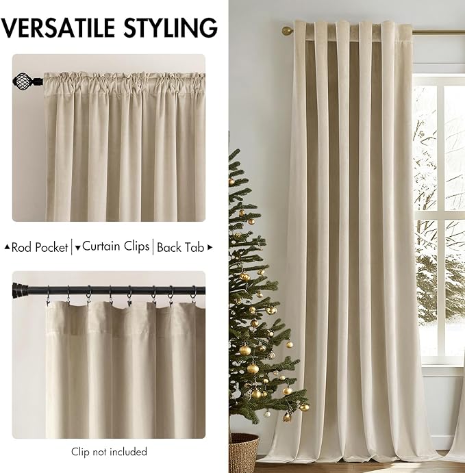 MIULEE Velvet Curtains 52x90 inches 2 Panels Beige Blackout Curtains | Luxury - Image 2