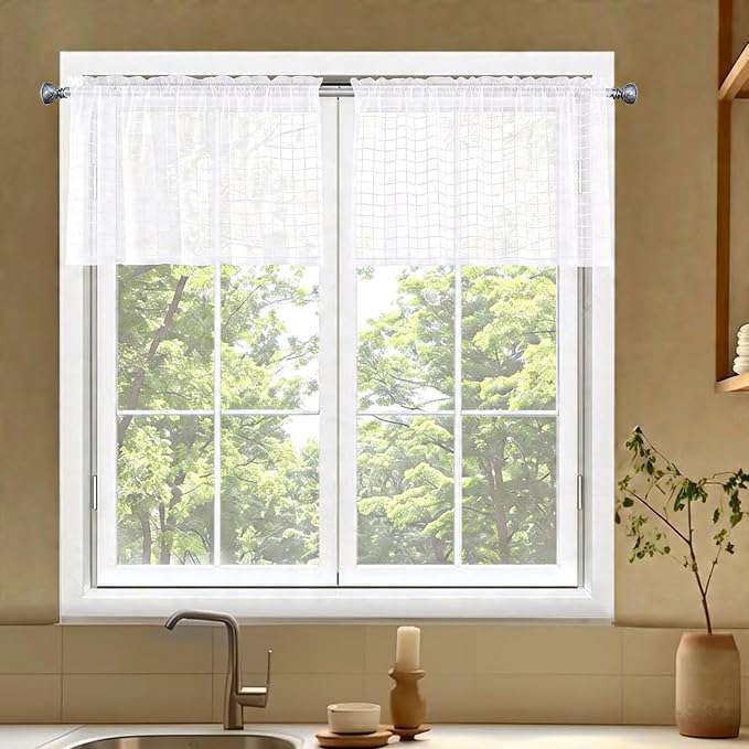 SpaceDresser Check Sheer Curtains 18 Inches Long by SpaceDresser