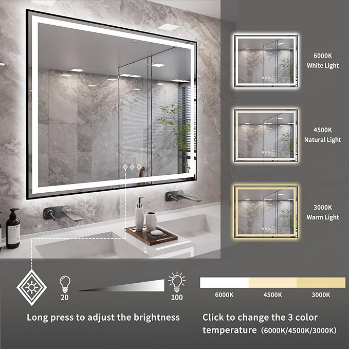 Bathroom Mirror Frame, 48x40 Inch Black Framed Gradient Front and Backlit LED Bathroom Mirror, 3 Colors Dimmable CRI>90, IP54 Enhanced Anti-Fog Wall Mounted LED Mirror