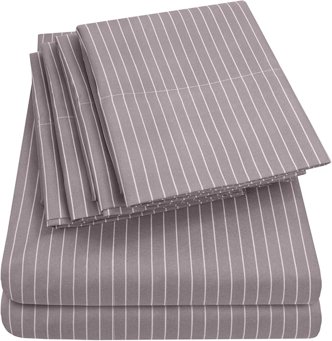 Queen Sheets Pinstripe Gray - 6 Piece 1500 Supreme Collection Fine Brushed Microfiber Deep Pocket Queen Sheet Set Bedding - 2 Extra Pillow Cases, Great Value, Queen, Pinstripe Gray