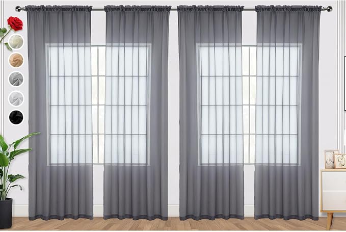 SpaceDresser Grey Sheer Curtains 4 Panels Rod Pocket Semi-Sheer Curtain 45 by SpaceDresser