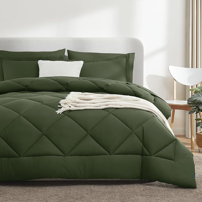 CozyLux King Size Comforter Set Olive Green - 7 Pieces Bed in a Bag King, Luxury Soft Bed Set for All Seasons, Bedding Set with Down Alternative Comforter, Sheets, Pillowcases & Shams