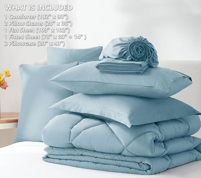 CozyLux King Size Comforter Set Light Blue - 7 Pieces Bed in a Bag King, Luxury Soft Bed Set for All Seasons, Bedding Set with Down Alternative Comforter, Sheets, Pillowcases & Shams