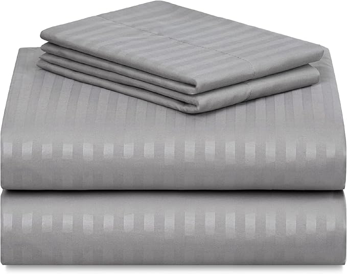 LuxClub 4 PC King Size Sheet Set Bed Sheets, Breathable Luxury Deep Pockets Wrinkle Free Cooling Sheets Machine Washable Hotel Bedding (King, Striped Light Grey)