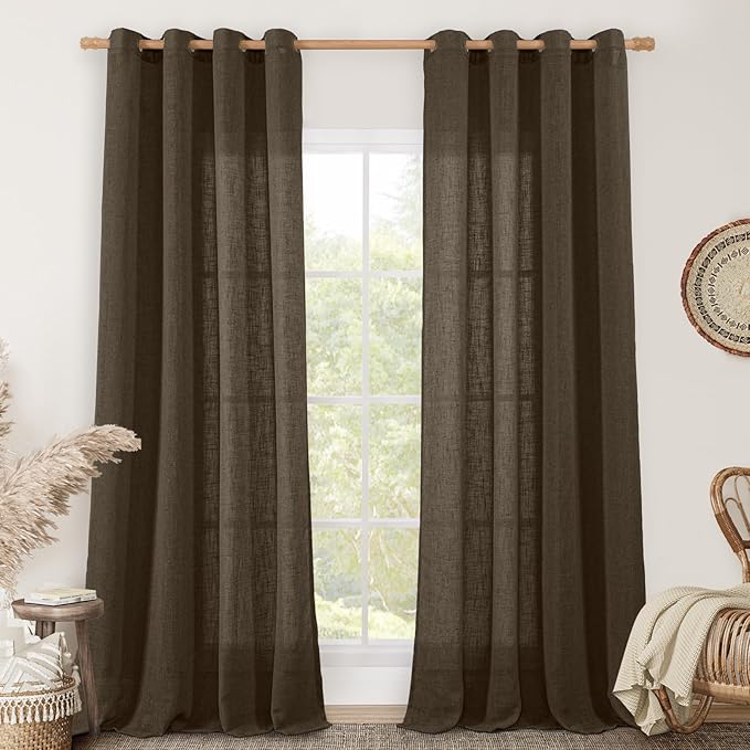 Brown Linen Curtains 90 Inch for Living Room 2 Panels, Bronze Grommet Linen by LAMIT