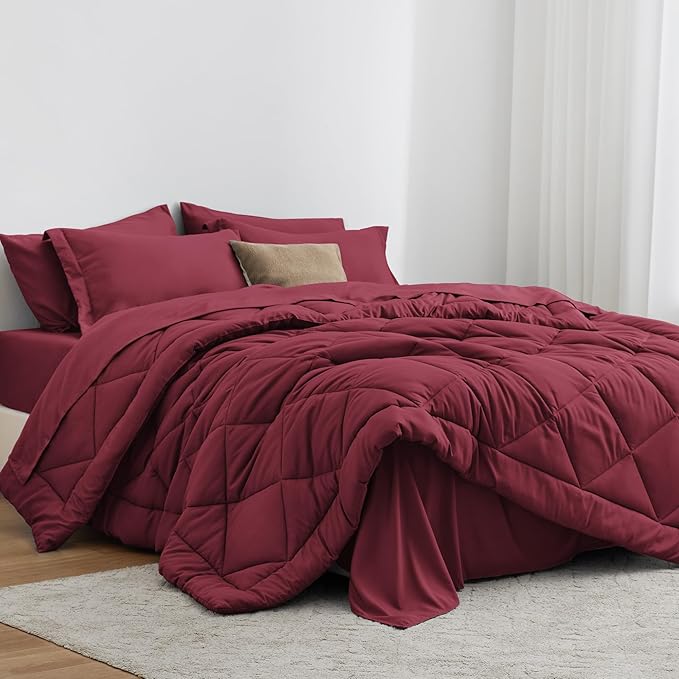 Love's cabin Twin XL Comforter Set Burgundy, 5 Pieces Twin XL Bed in a Bag, All Season Bedding Sets with 1 Comforter, 1 Flat Sheet, 1 Fitted Sheet, 1 Pillowcase and 1 Pillow Sham