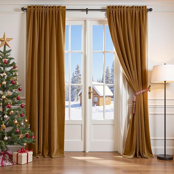 Lazzzy Velvet Blackout Curtains Thermal Insulated Room Window Drapes Super Soft Luxury Curtains for Living Room Bedroom Rod Pocket 2 Panels, Gold Brown, 62" W x 84" L
