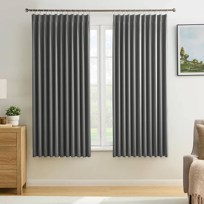 Grey Pinch Pleat Curtains & Drapes 63 Inches Long 2 Panels Set, Privacy by KEQIAOSUOCAI