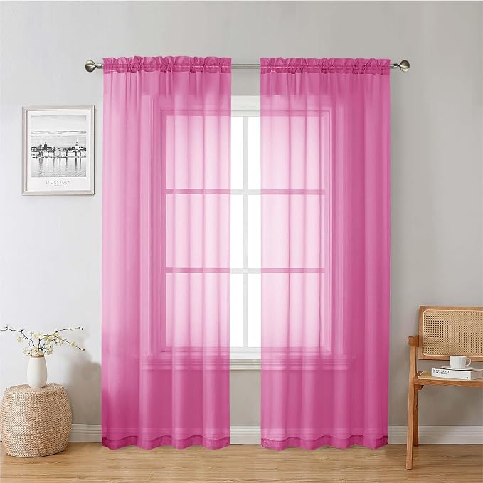 Hot Pink Sheer Curtains 78 Inches Long 2 Panels, Rod Pockets Solid Voile Living by Lecloud