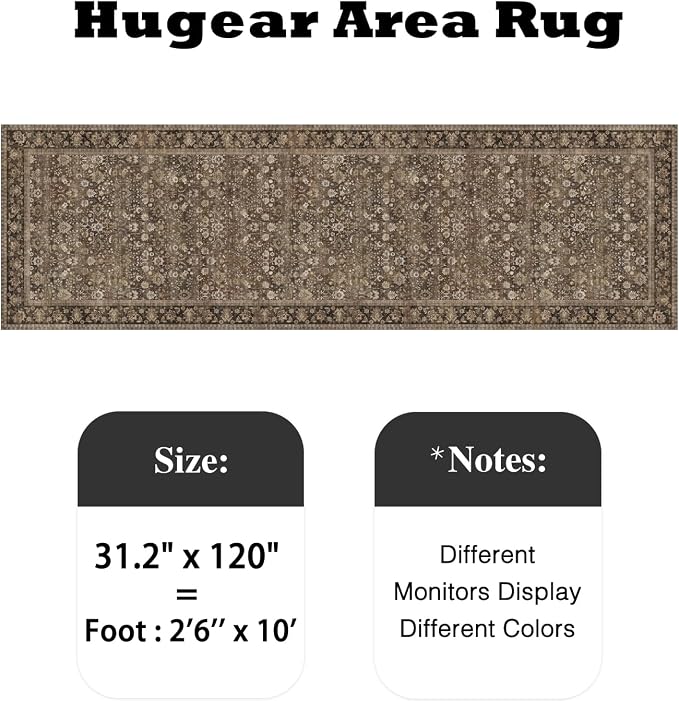 2'6''x10' Brown Vintage Floral Washable Runner Rug - Image 2