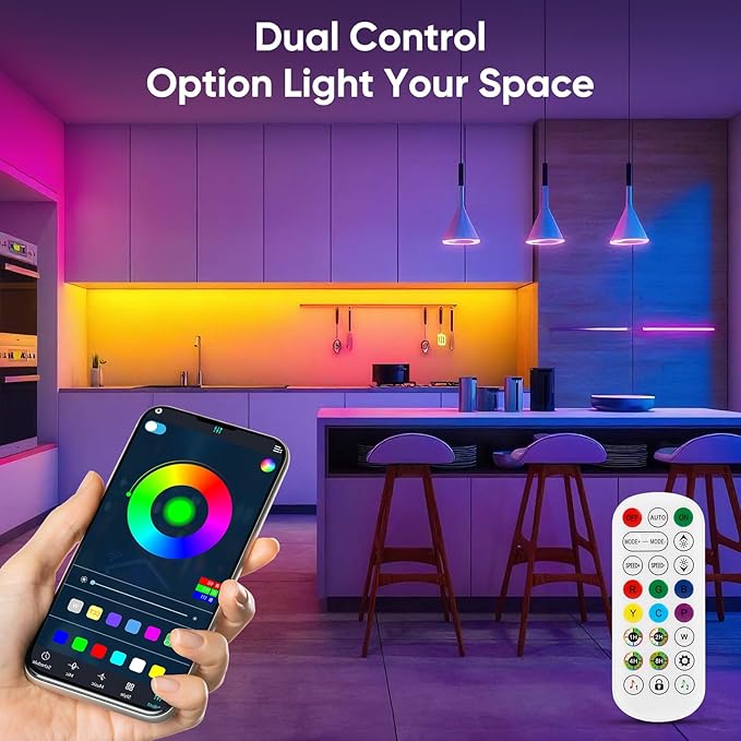 Led Lights for Bedroom, IC+RGB 200FT (2 Rolls of 100ft) Strip Lights, 24Key Remote with App Control, Music Sync Color Changing for Room Decor Party