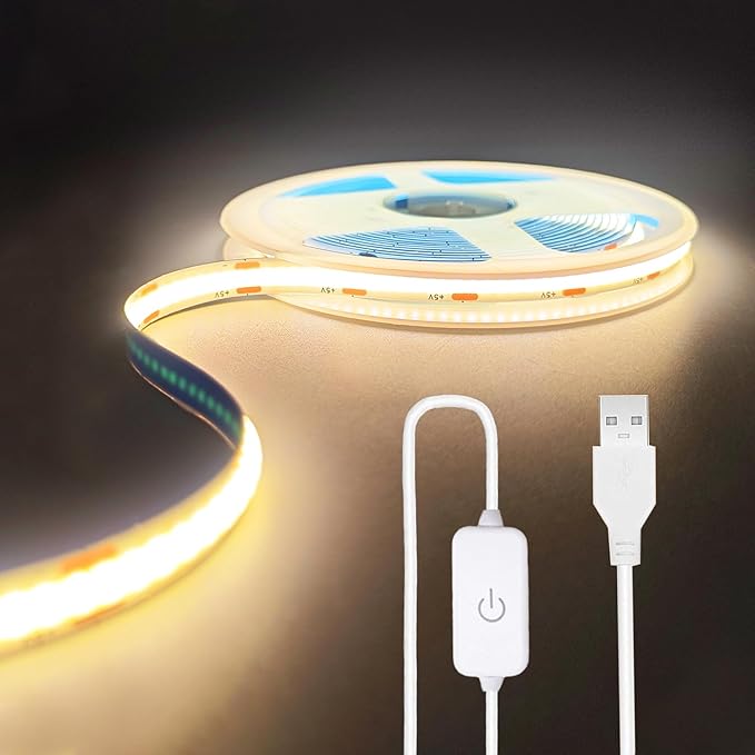 A 5V USB LED Light Strip, COB LED Strip Lights, White 5V LED Lights, Small LED Strip Light, TV Lights for TV Under Cabinet Kitchen Living Room Shelving or Displays (Warm 3.28ft)