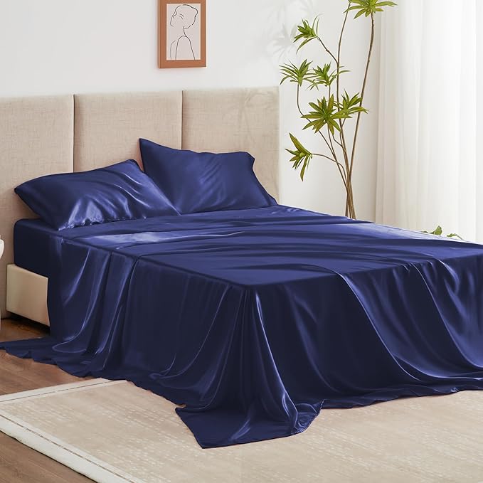 Love's cabin Full Size Satin Sheet Sets - 4 Piece Navy Blue Silky Sheet Set Full with Deep Pocket, Luxury Silk Feel Satin Bed Sheets Full Bedding Set (1 Flat Sheet,1 Fitted Sheet,2 Pillow Cases)