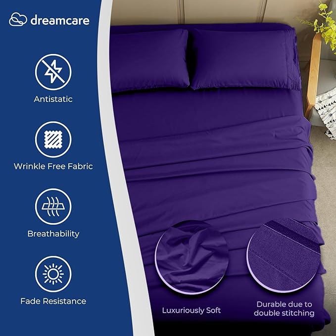 DREAMCARE Full Size – 4 pcs Cooling Sheets – up to 21” Deep Full Sheet Set – Hotel Luxury Sheets & Pillowcases – Superior Softness 100% Polyester with Side Pocket – Purple