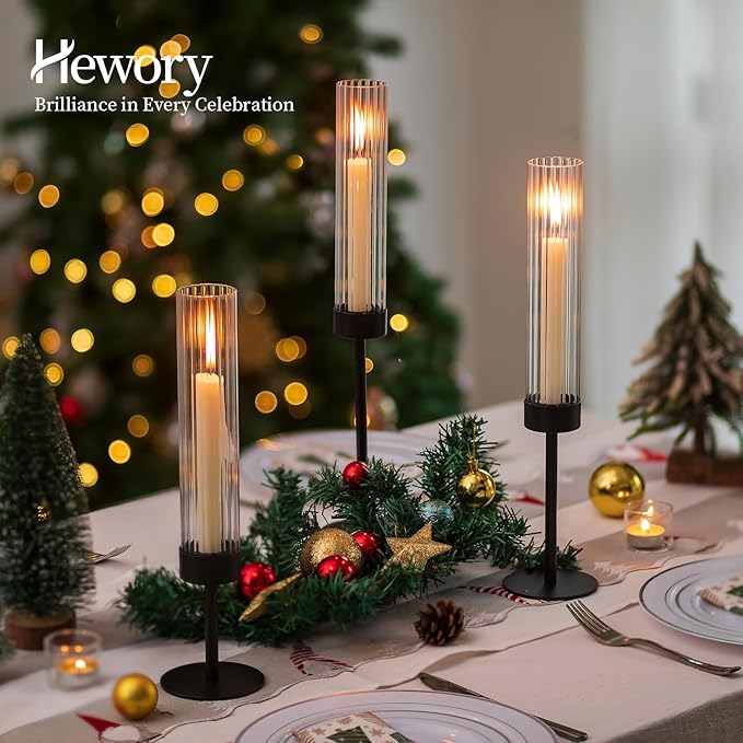 Hewory Black Taper Candle Holders: Candlestick Holders Set of 3 Hurricane Glass Tall Candle Holder for Candlesticks Candle Sticks Holder Decor for Table Centerpiece Wedding Party Christmas Decorations