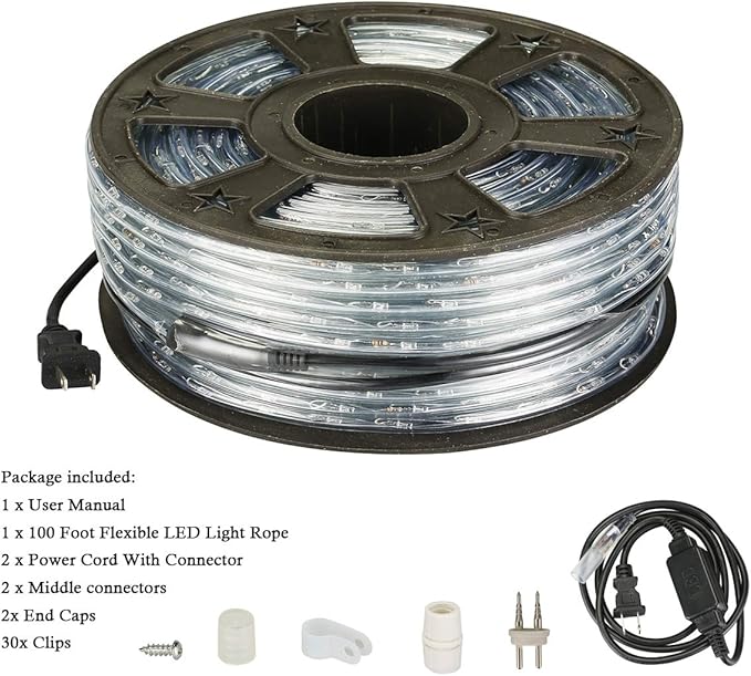 100Ft Warm White LED Rope Lights, 110v Waterproof Indoor/Outdoor String Lights, Cuttable, 1080 LEDs Rope Lights for Outside, Garden, Patio, Deck, Halloween and Christmas Decorations