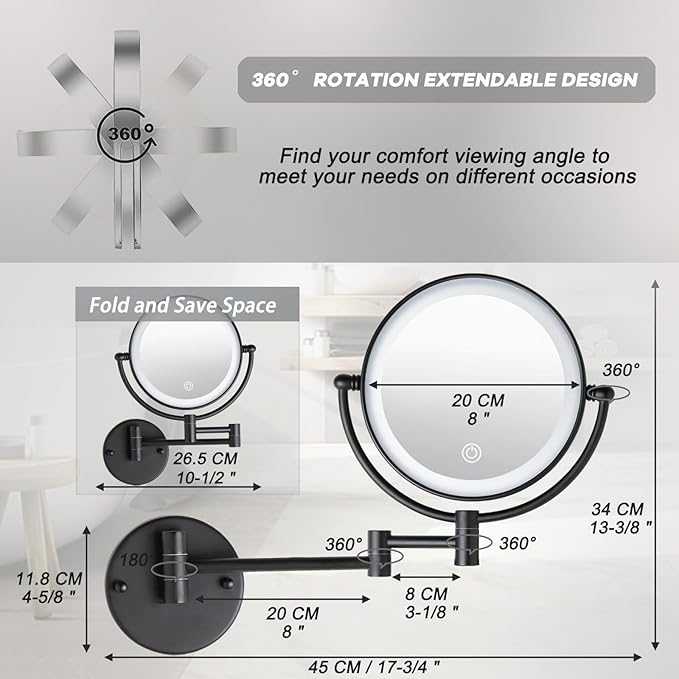 Brushed Brass Lighted Wall Mounted Mirror Magnifying 1×10×, 8-Inch Rechargeable Double Sided, Touch Dimmable Extended Arm 360 Rotation Cosmetic Mirror for Bathroom, Matt Black