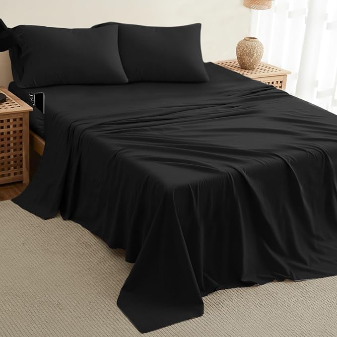 DREAMCARE King Size Sheets Set – 4 pcs Cooling Sheets – up to 21” Deep Pocket King Sheet Set – Hotel Luxury Sheets & Pillowcases – Superior Softness 100% Fine Microfiber with Side Pocket – Black
