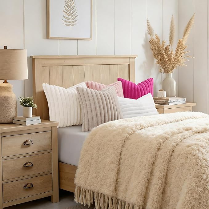 decorUhome Fall Faux Fur Throw Pillow Covers 12x20 Set of 2 White | Decorative - Image 8