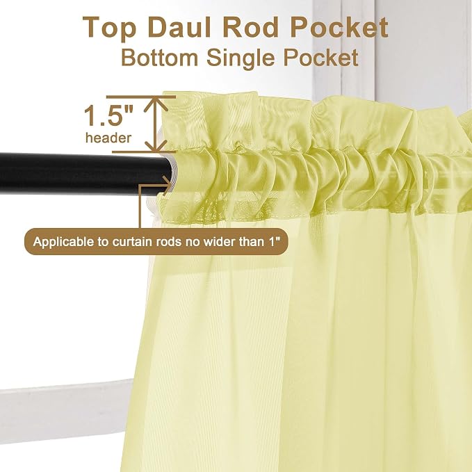 Chyhomenyc Sheer Curtains 63 Inch Length 2 Panels, Lemon | Light Filtering - Image 4