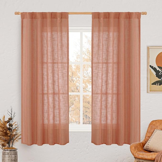 Terracotta Linen Semi Sheer Curtains 63 Inch by LAMIT