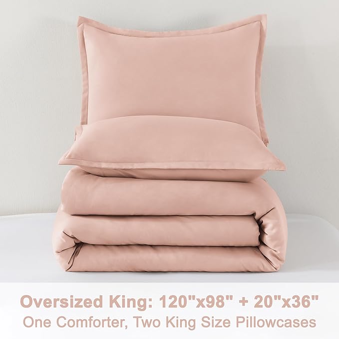 Litanika Comforters Blush Oversized King Size, 3 Pieces Lightweight Solid Bedding Set & Collections, All Season Fluffy Bed Set (120x98In Comforter & 2 Pillowcases)