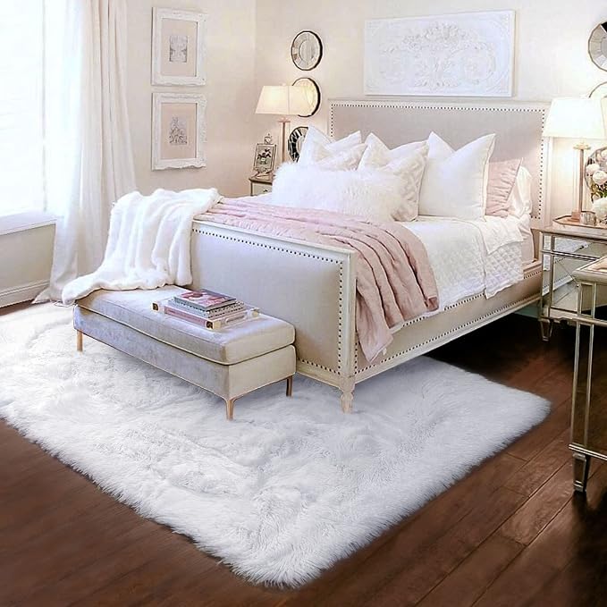 Amdrebio White Fuzzy Furry Area Rug 5x7 - Image 3